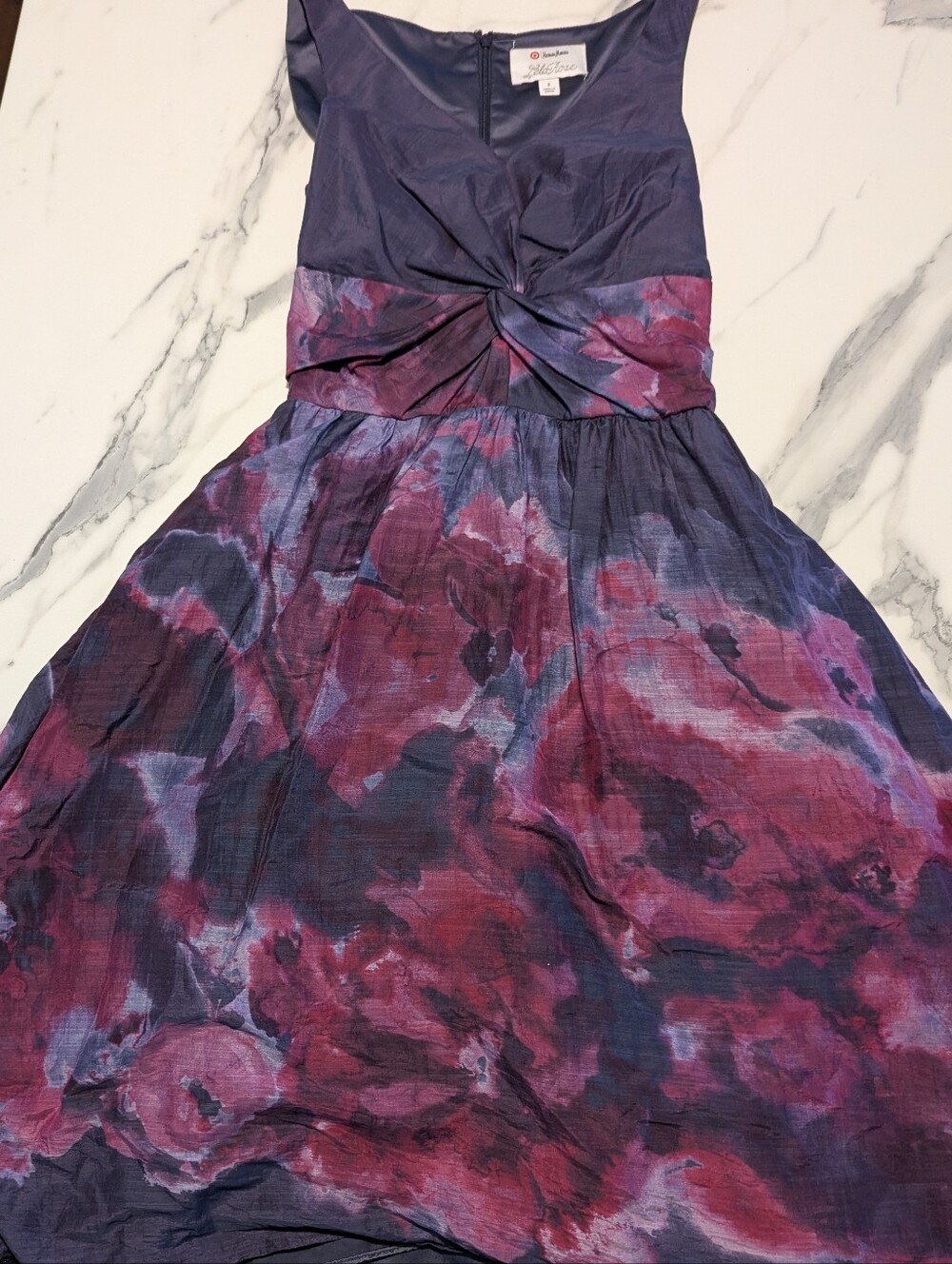 Neiman Marcus Purple Floral Twist-Front Sleeveless Dress